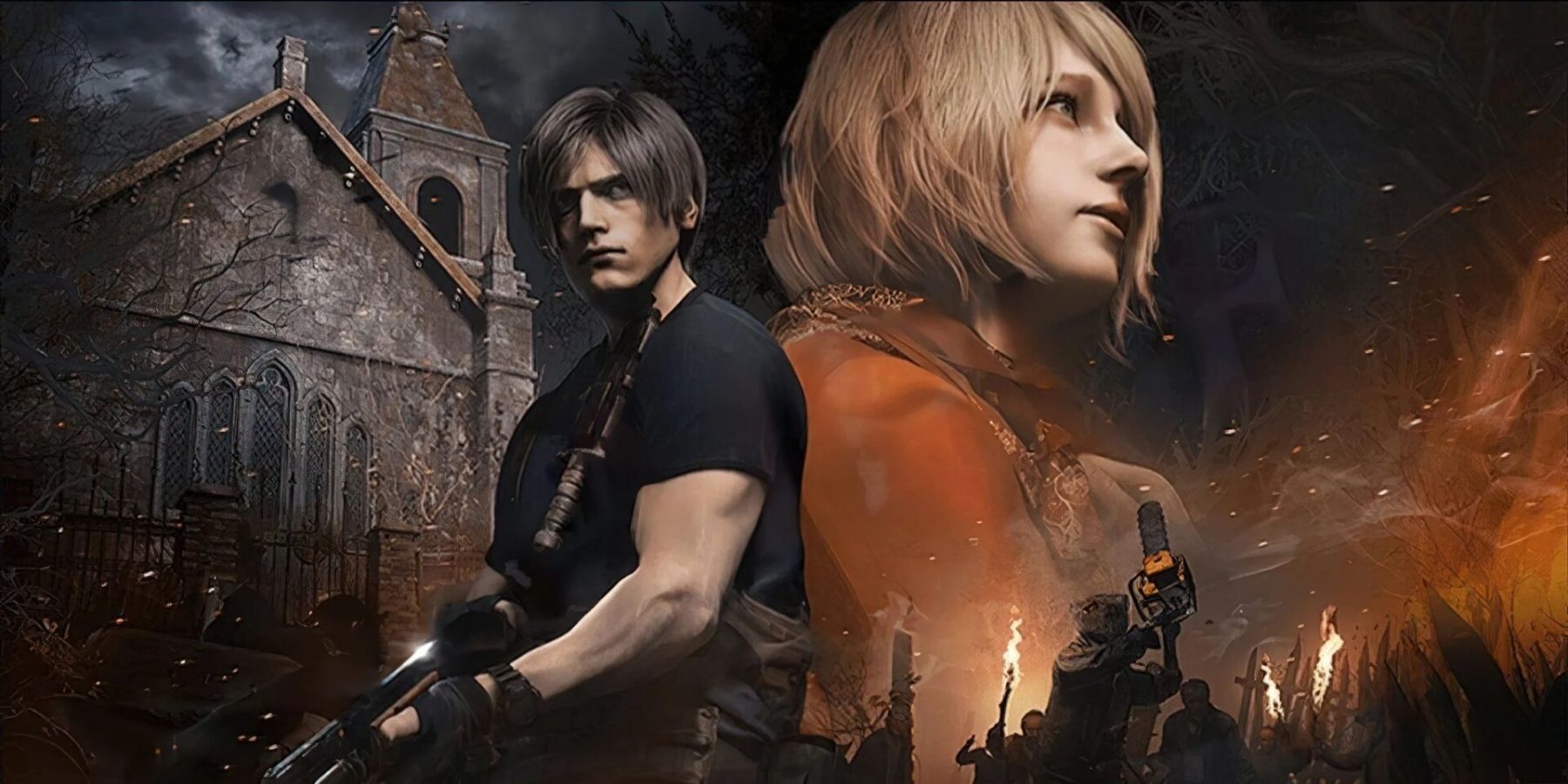 The key visual for the Resident Evil 4 remake, depicting Leon Kennedy and Ashley Graham by the game's castle.