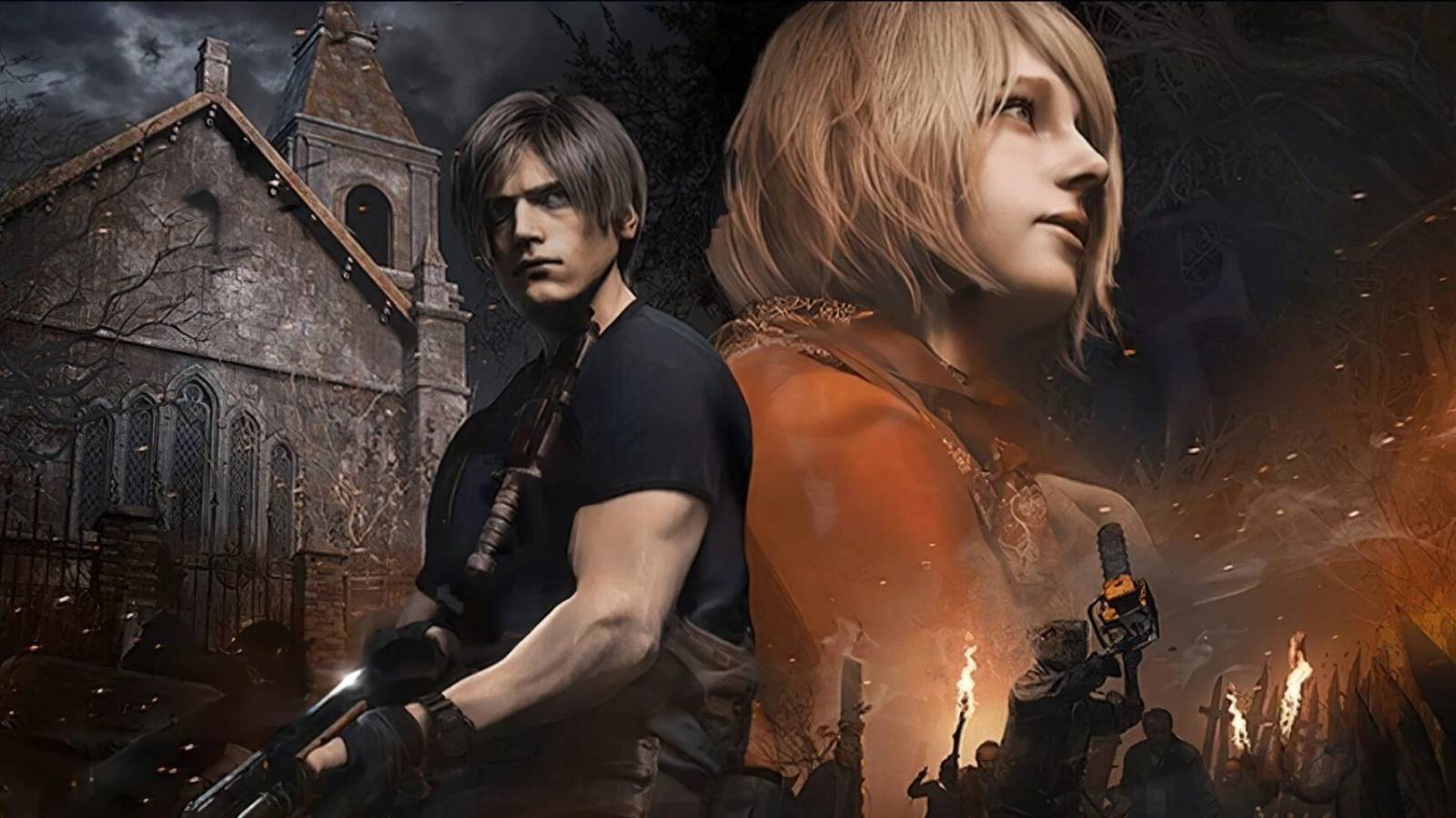The key visual for the Resident Evil 4 remake, depicting Leon Kennedy and Ashley Graham by the game's castle.