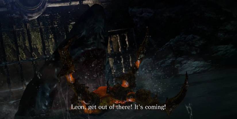 The shark-like Bzark, with its orange, spiked appendage protruding from its open mouth. The caption reads, "Leon, get out of there! It's coming!"