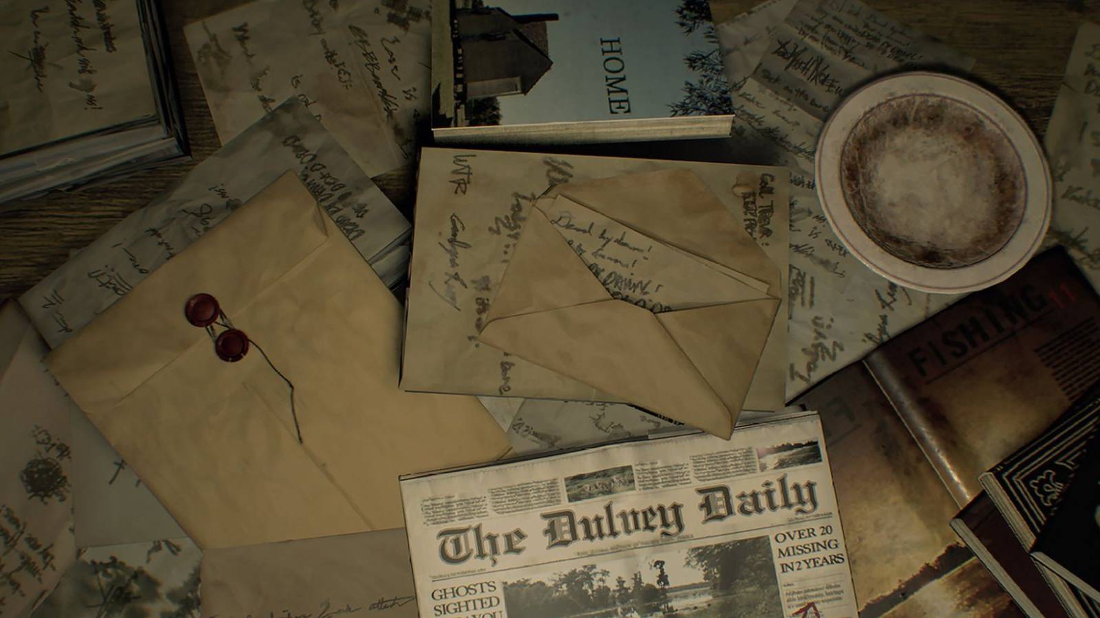 resident evil 7 newspapers etc on desk