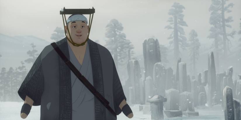 Ringo with buddhist statue sin background blue eye samurai