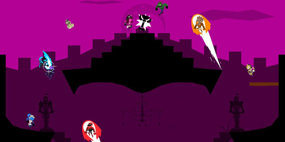 Players fighting in a purple-hued arena in Runbow. Source: Steam.