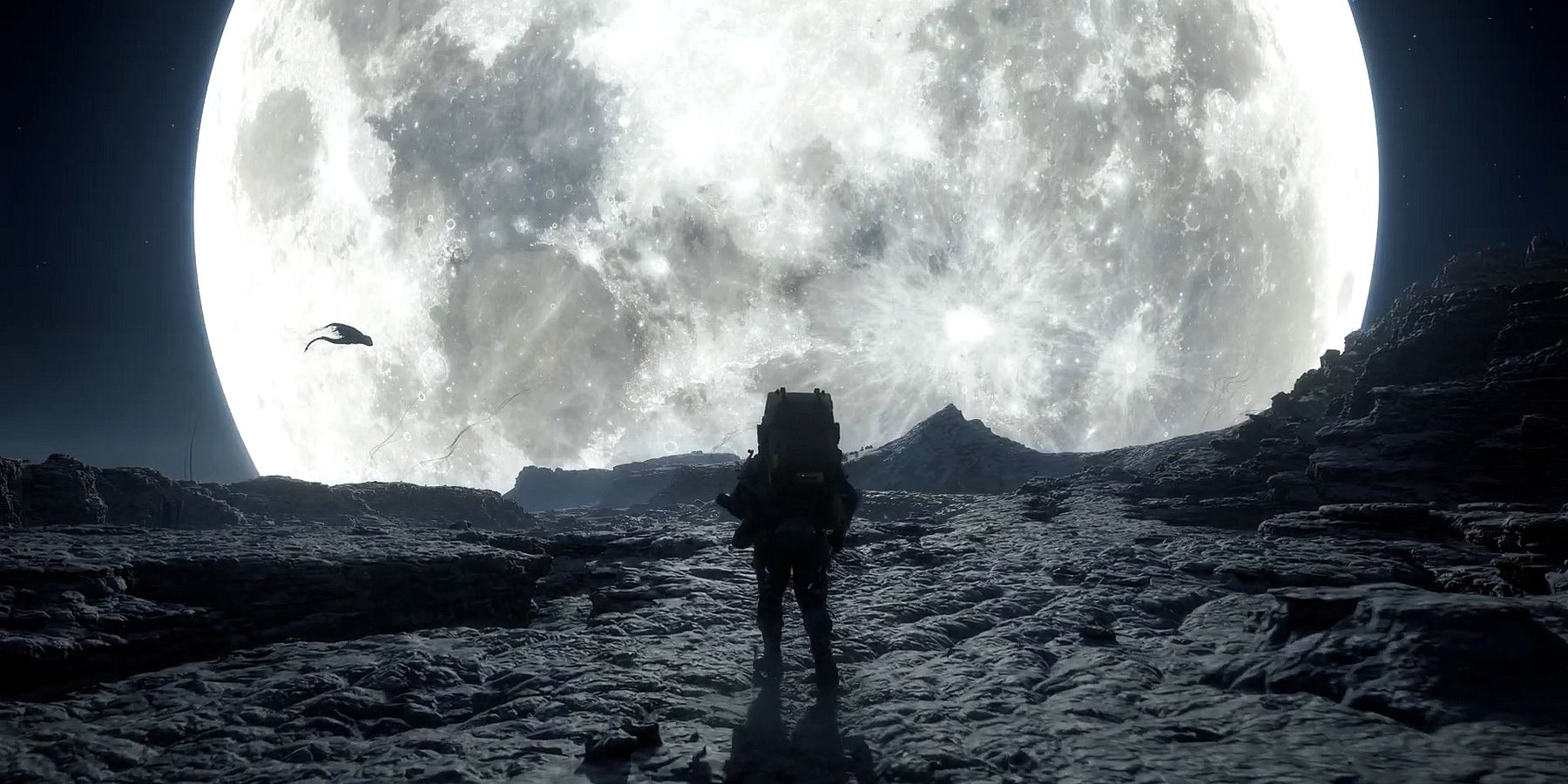 Sam walking toward a large moon in Death Stranding 2