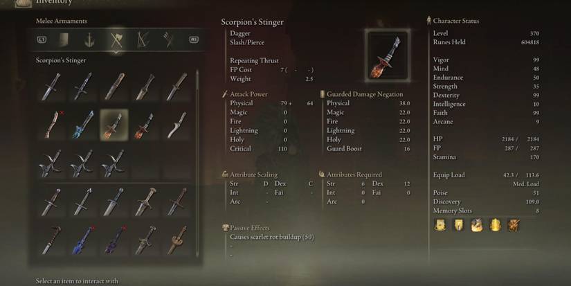 Scorpion's Stinger Stats in Elden Ring