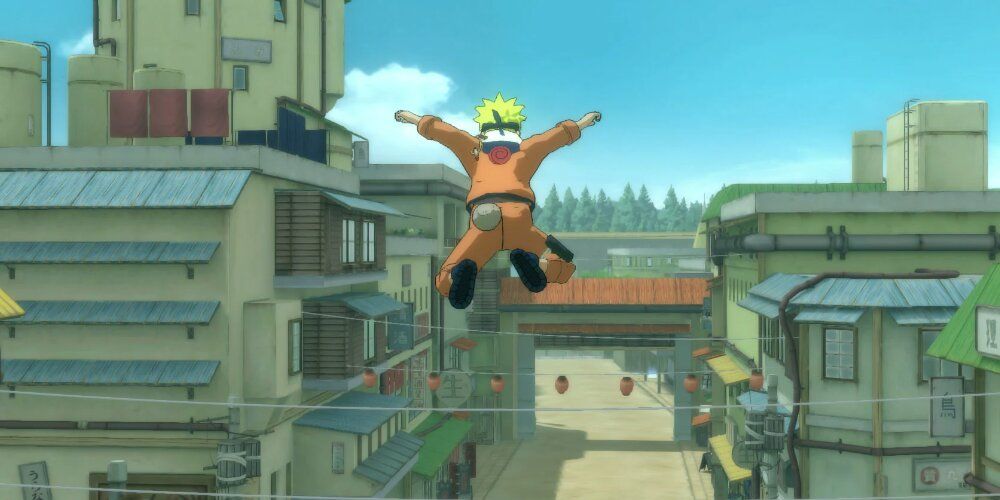 Naruto jumping into the Hidden Leaf Village