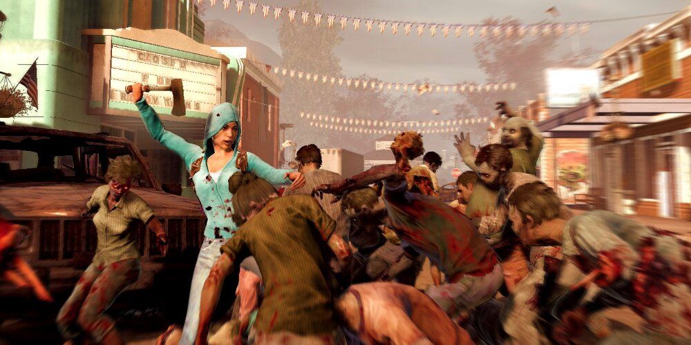 Woman slashing through a horde of zombies 