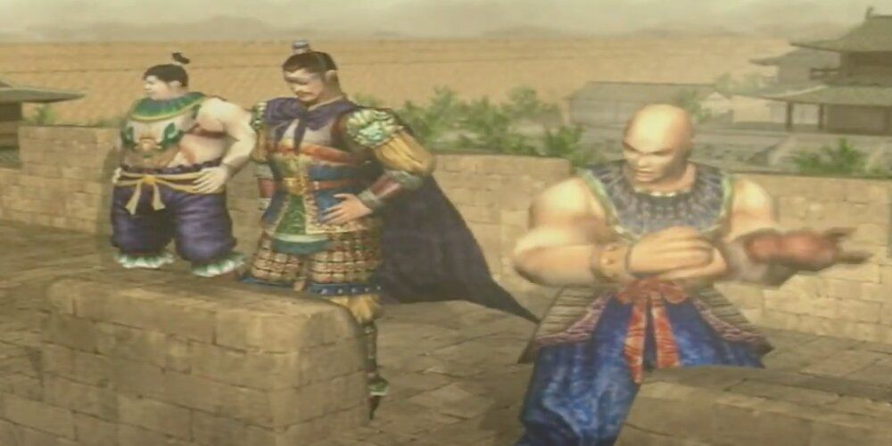 3 officers standing on a castle ledge in Dynasty Warriors 2