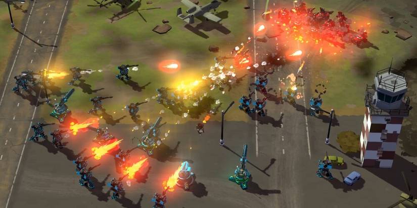 Army of robots shooting at an opposing force of units 