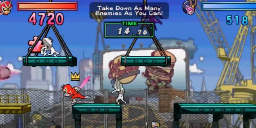 Viewtiful Joe fighting multiple enemies on a platform 