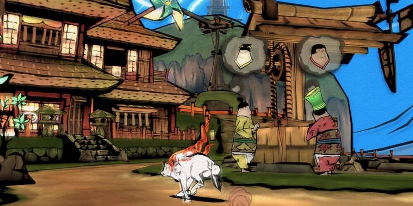 Amaterasu running through a colourful village