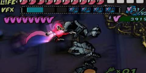 Joe kicking through a robot enemy in Viewtiful Joe
