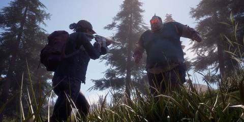 Survivor aiming a rifle at a large zombie 