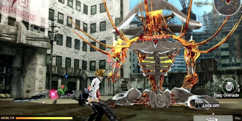 Character facing a large magma boss in a street 