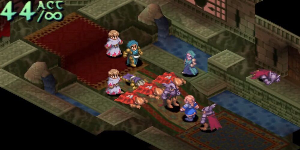 Party members engaging in combat in Final Fantasy Tactics 