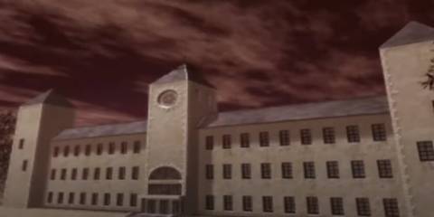 School with dark clouds above it 