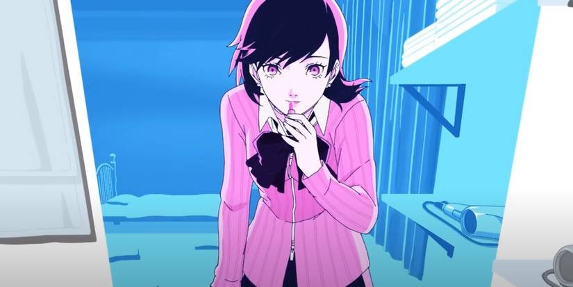 Yukari putting on lipstick in a mirror 