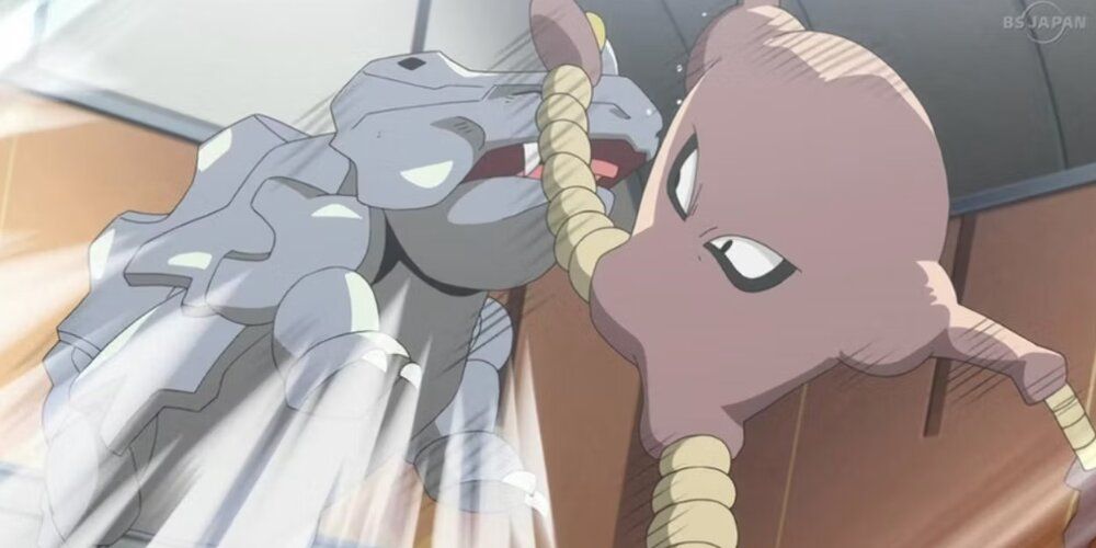 Hitmonlee kicking a rhino Pokemon 