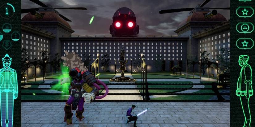Travis standing in a park surrounded by enemies with a boss in the background  