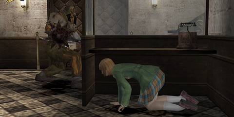 Alyssa hiding from a stalker in Clock Tower 3