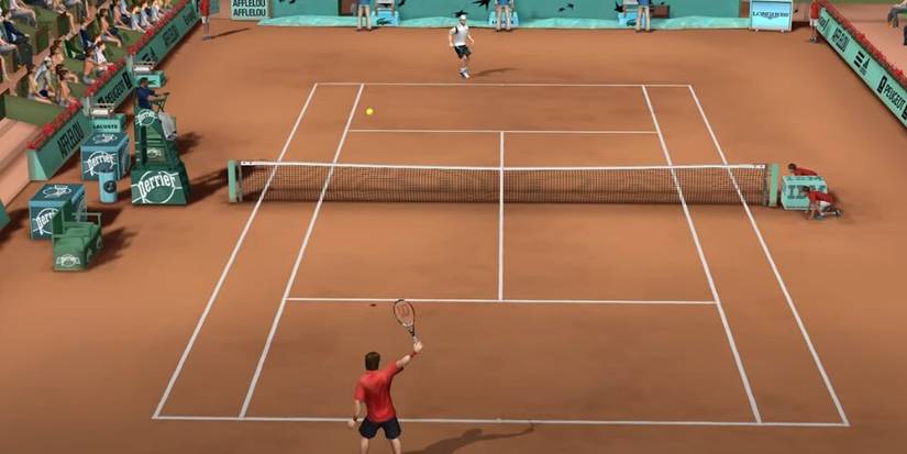 Two tennis players rallying on a court 