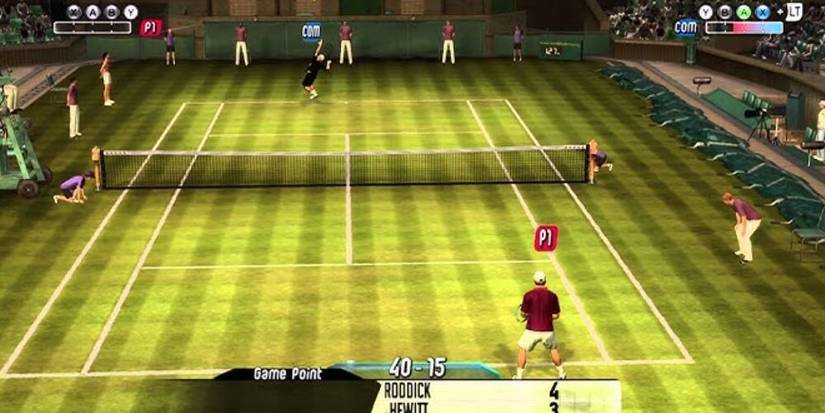 Two players rallying on a tennis court