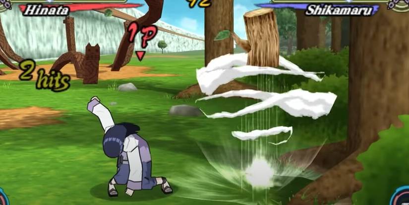 Hinata and Shikamaru performing a substitution jutsu 