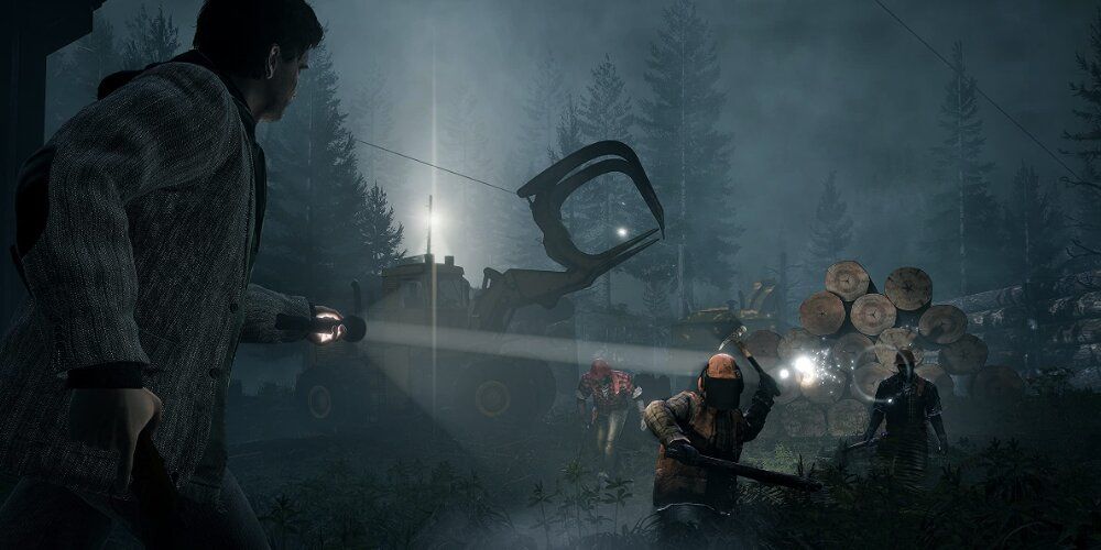 Alan aiming his flashlight at darkened enemies 