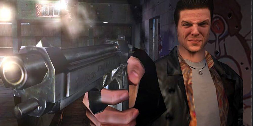 Max Payne aiming a handgun in Max Payne