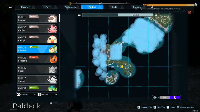 Habitat tracker feature in Palworld's Paldeck 