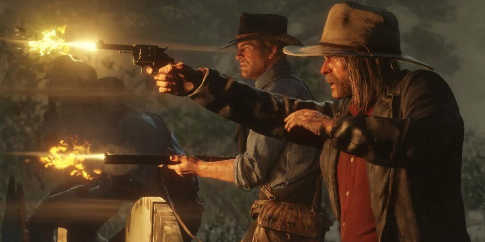 Arthur and Micah firing guns 