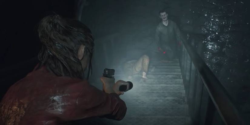 Claire shooting a zombie in the leg 