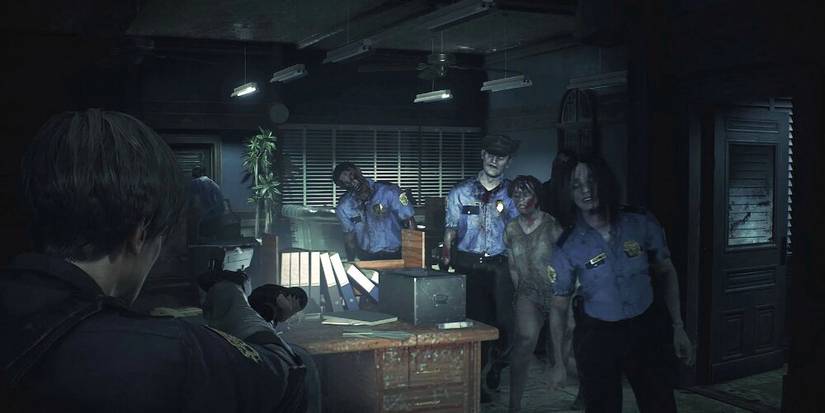 Leon in a room full of police zombies 