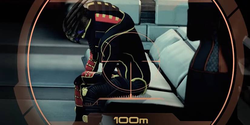 Garrus aiming his sniper at Sidonis sitting down 