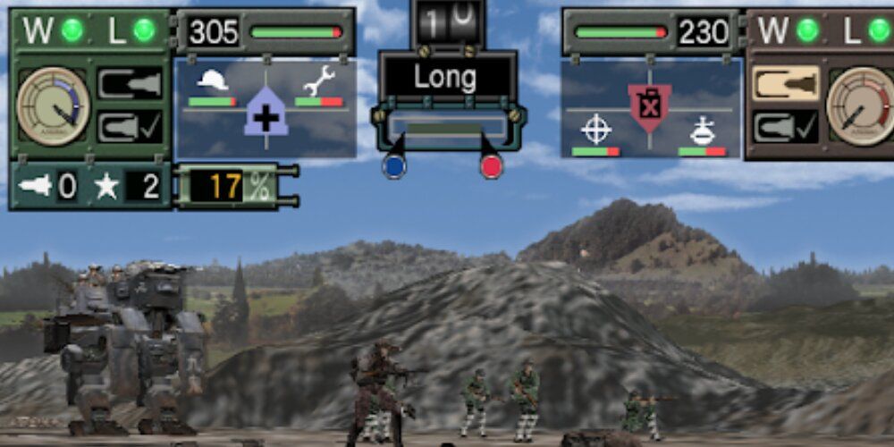 Soldiers and mechs with stats and metrics at the top of the screen 