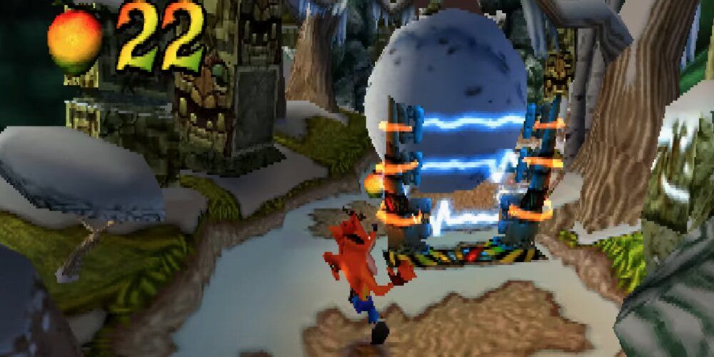 Crash running from a giant snowball with an electric fence in the background 