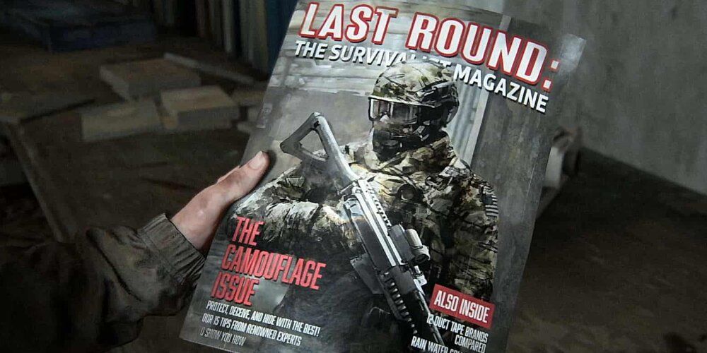 Ellie picking up a military magazine 