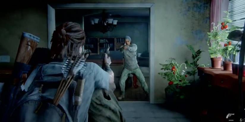 Ellie aiming at enemies with a pistol 