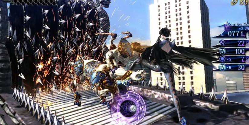 Bayonetta kicking an enemy into a grinder 