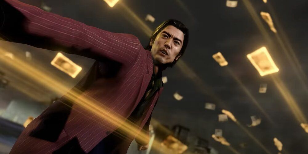 Akiyama firing dollar bills at enemies 