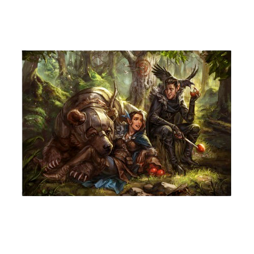 An art print of Vax, Vex, and Trinket the bear from The Legend of Vox Machina