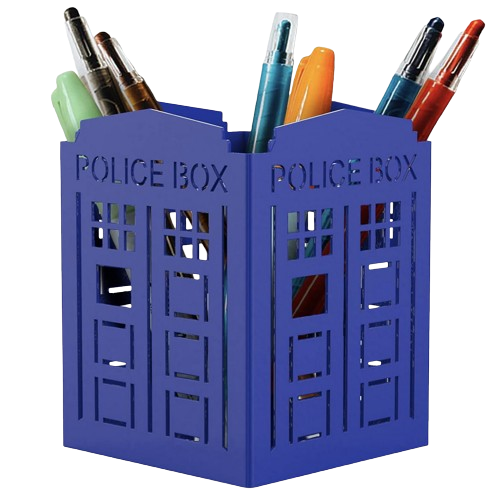 A blue Police Box pen holder