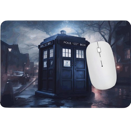 A Doctor Who mouse pad with TARDIS