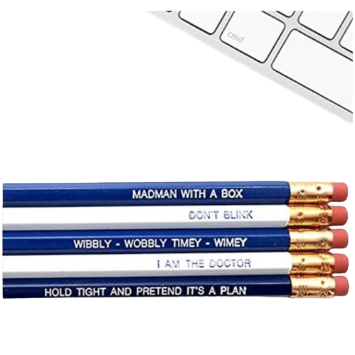 Blue and white pencils with Doctor Who sayings