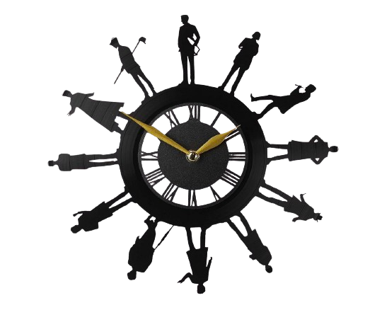 A black clock with the 12 Doctors from Doctor Who