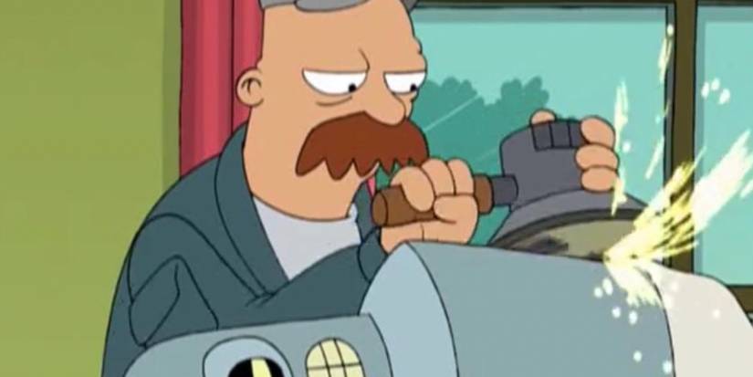Scruffy working on a robot in Futurama