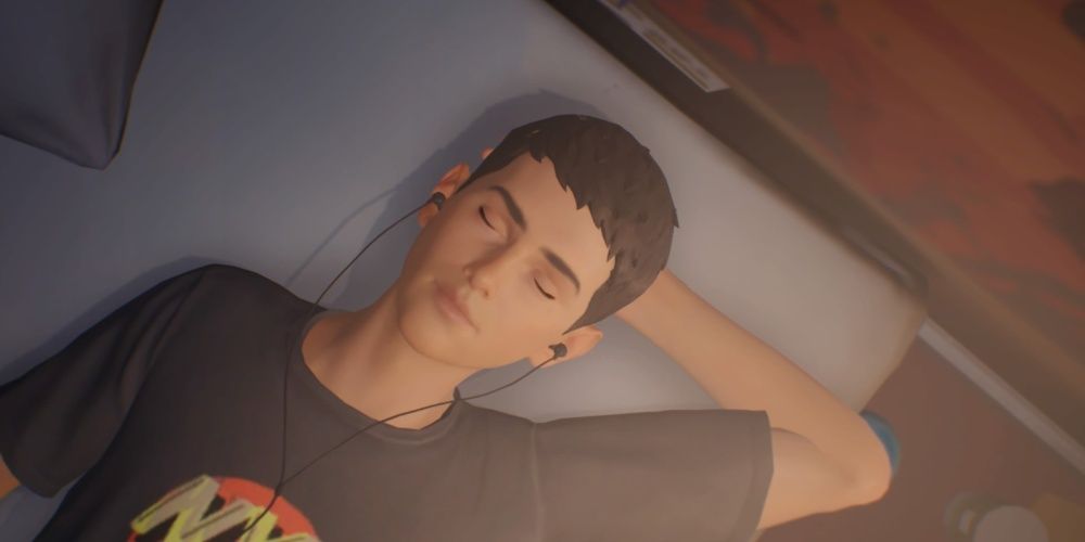 Sean, a teenage boy with headphones in, lays on his bed with his eyes shut