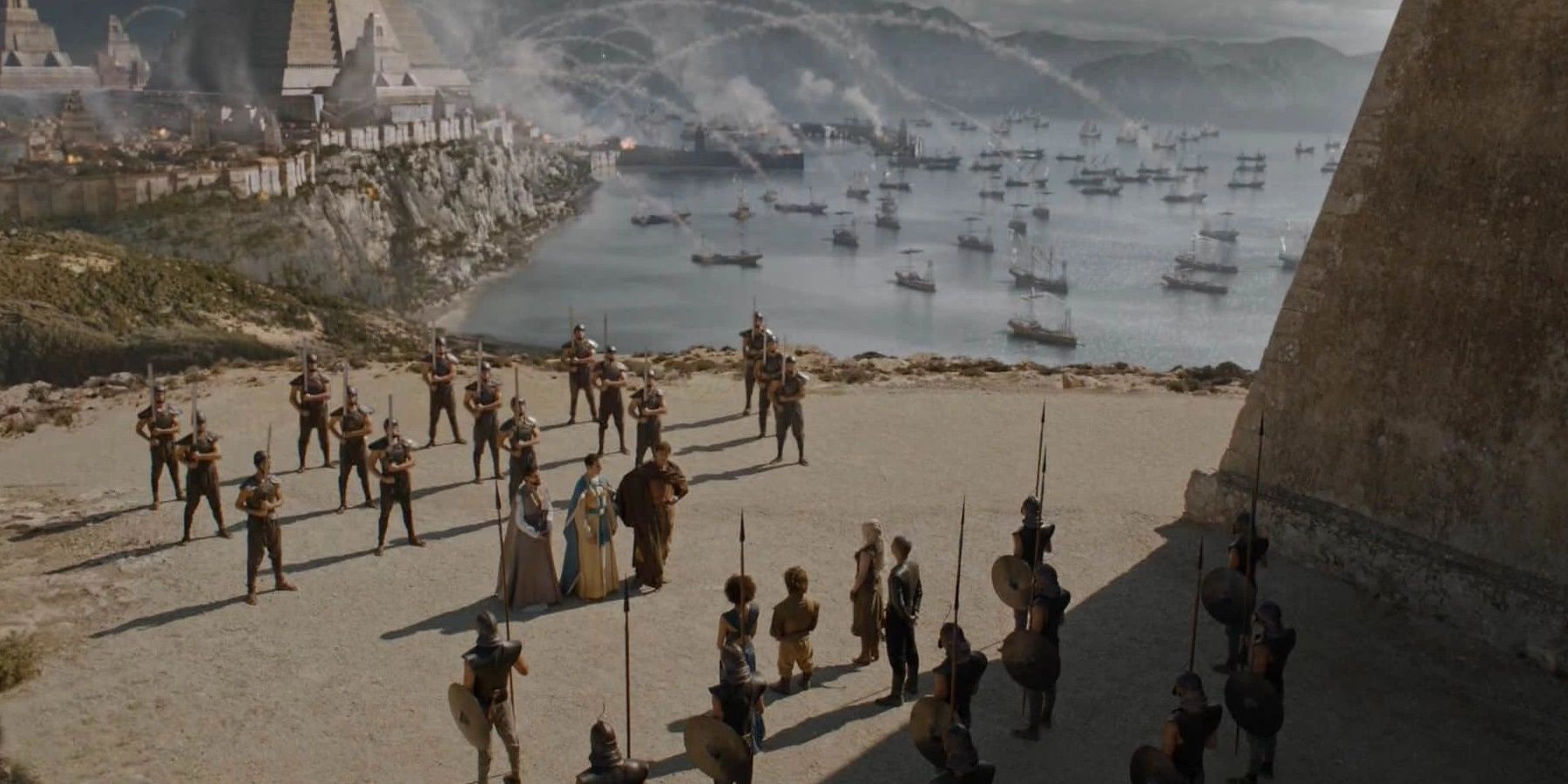 Daenerys Targaryen's forces meet with the slavers with war in the background