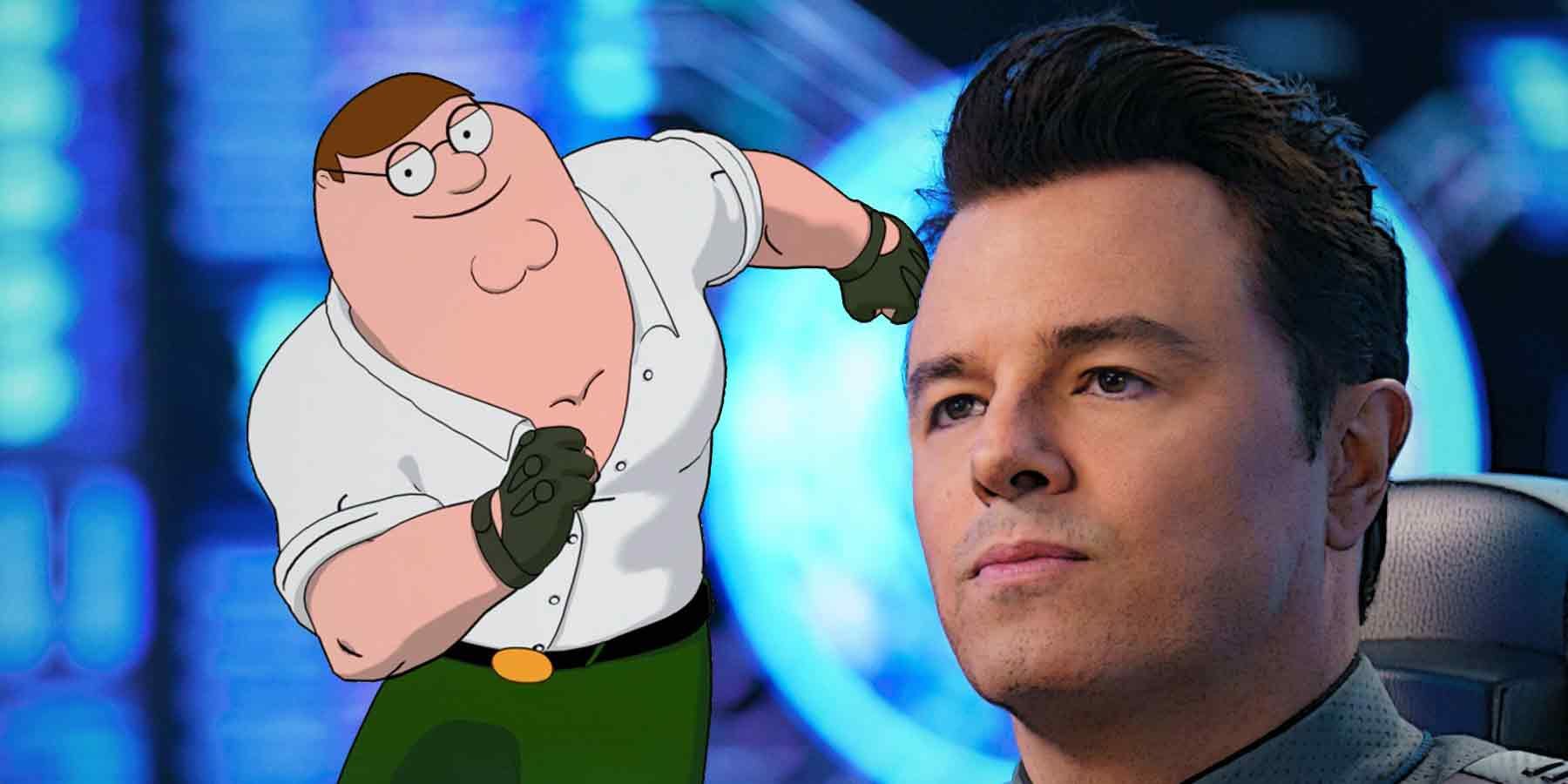 Seth MacFarlane The Orville headshot next to Fortnite Peter Griffin skin composite
