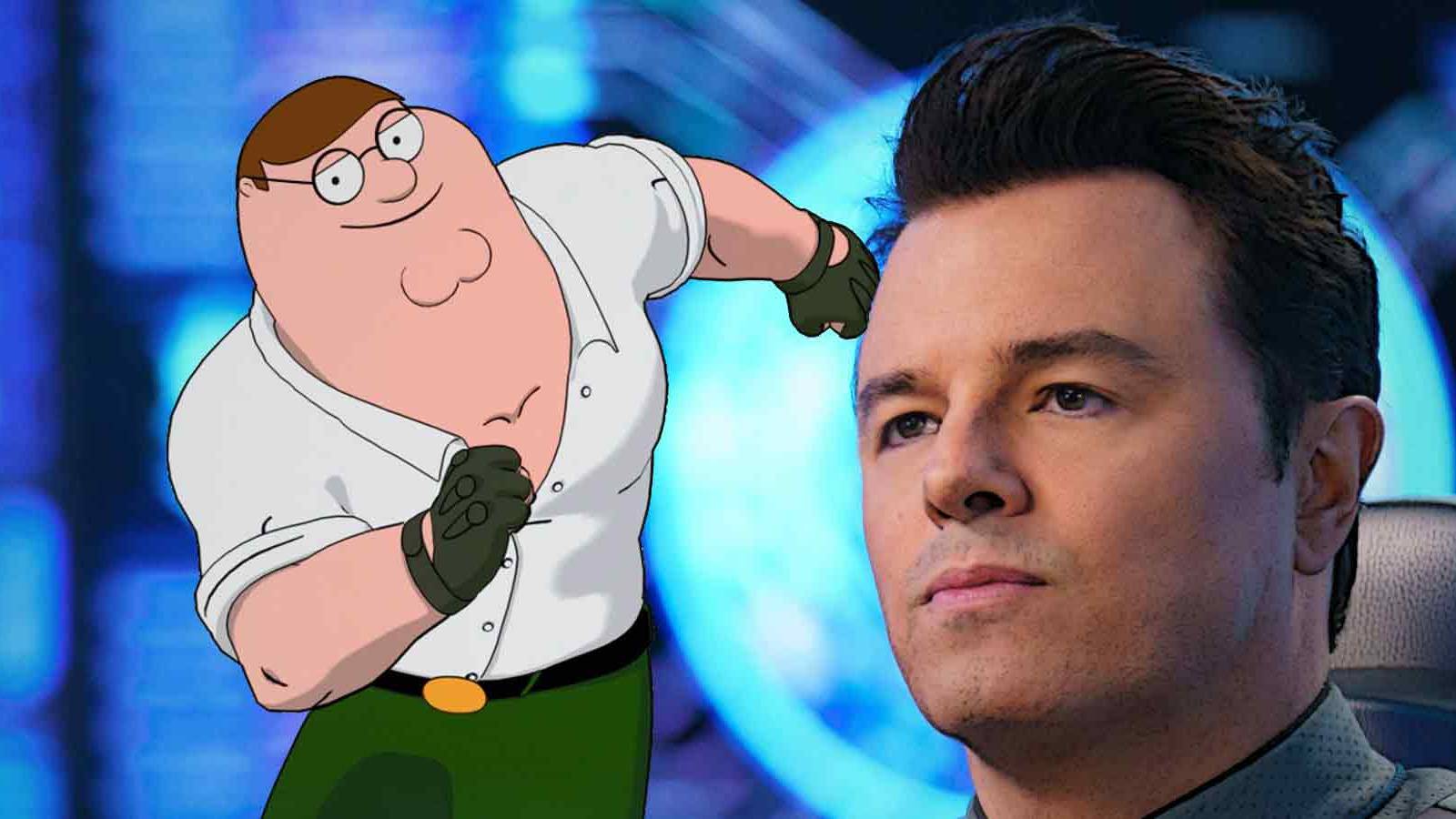 Seth MacFarlane The Orville headshot next to Fortnite Peter Griffin skin composite
