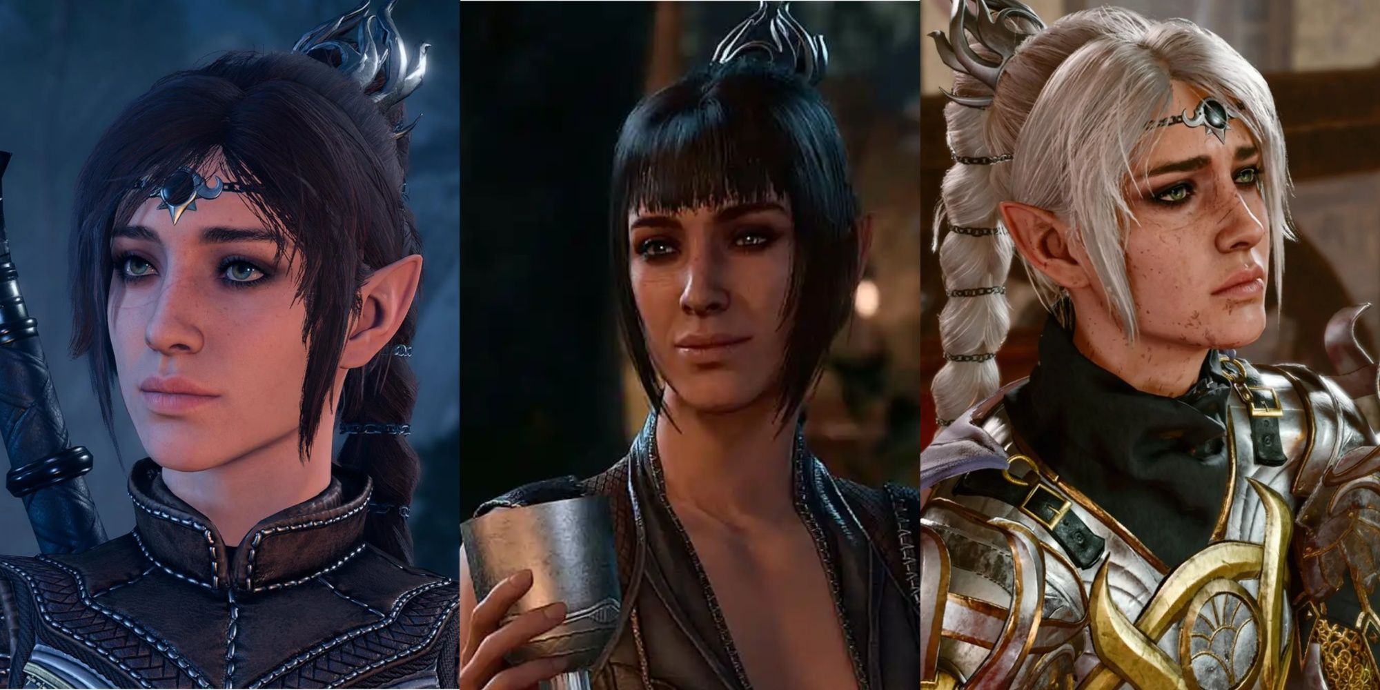 3 images of Shadowheart with each hairstyle she can have in the game